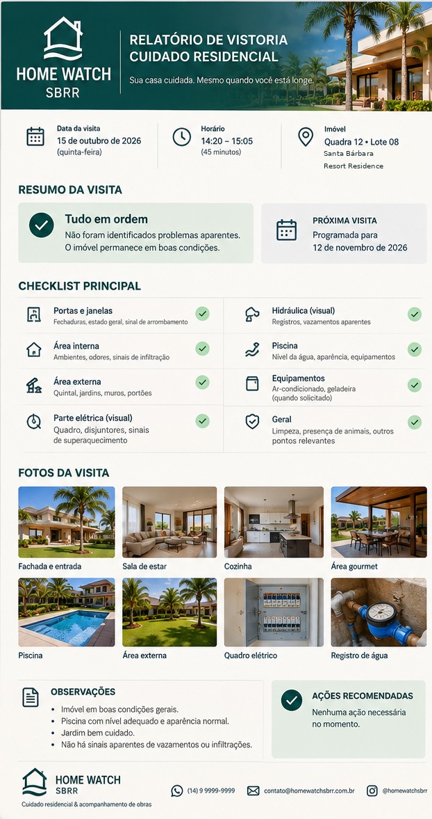 Relatório de vistoria e cuidado residencial, com resumo da visita, checklist e fotos